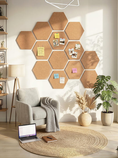 8 Pack Hexagon Felt Bulletin Board Tiles - 12" Large Thick Pin Board for Walls with 30 Push Pins, DIY Boards for Office Home School Decor, Aesthetic Hex Cork Board Alternative