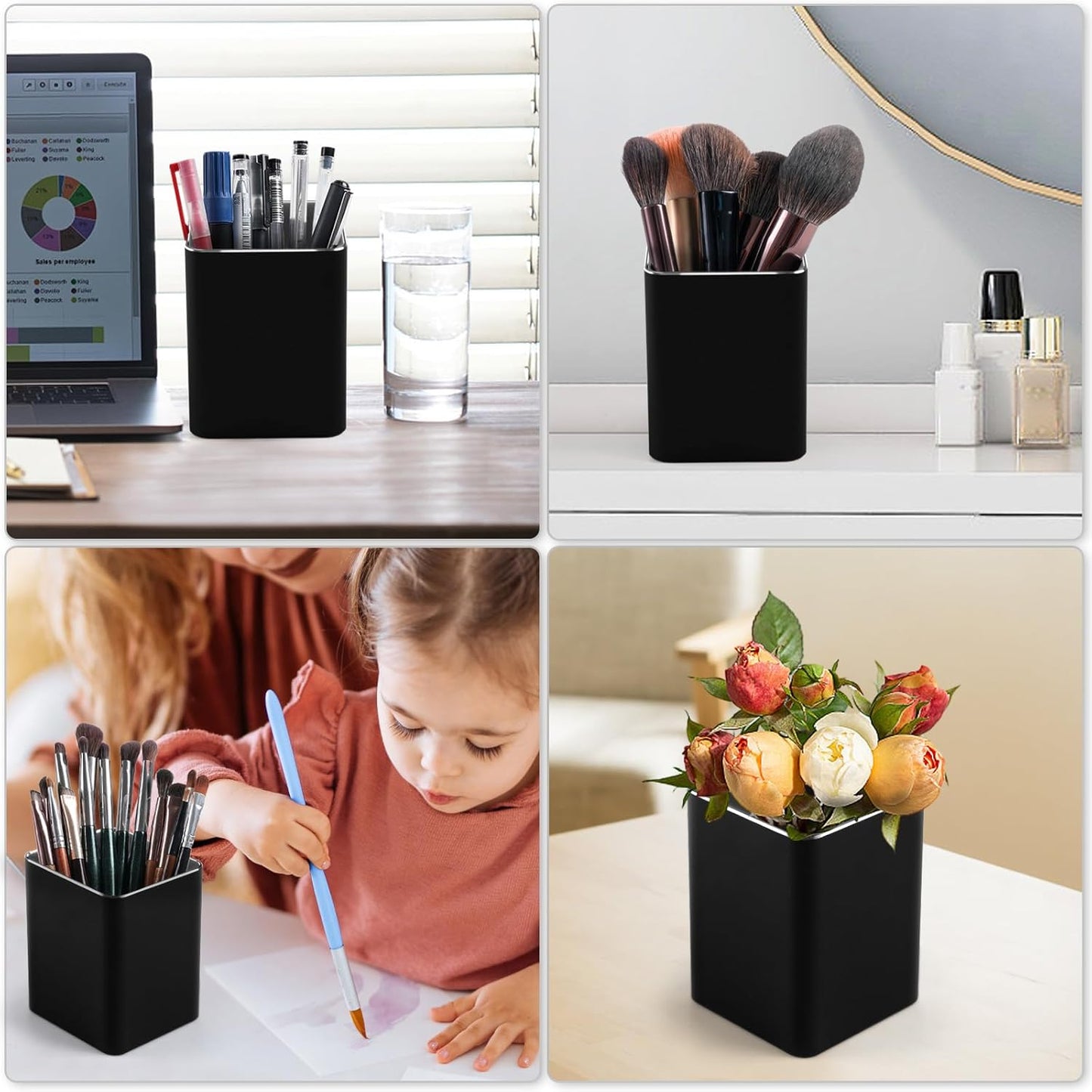 RQB Metal Pen Holder for Desk Square Aluminum Desktop Organizer and Makeup Brush Holder Storage Box for Office, School, Home, and Kids, Non-slip silicone 4×3.15inch-Gray