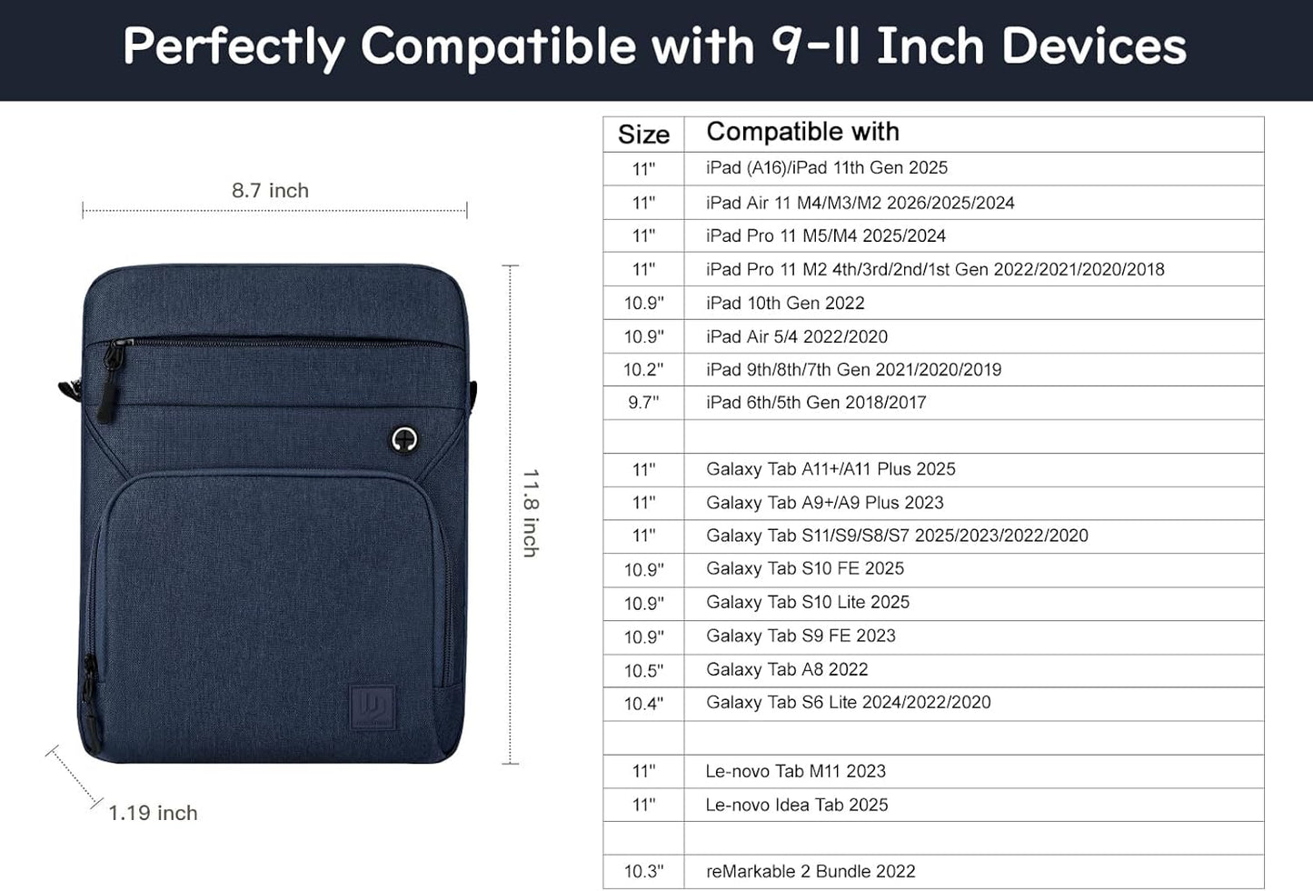 Dadanism 9-11 Inch Tablet Sleeve Bag with Shoulder Strap for iPad (A16) 11", iPad Air M4 Pro M5 11", i-Pad 10th Gen 10.9", i-Pad 9/8/7th Gen 10.2", Galaxy Tab A11+ Plus 11", reMarkable 2 10.3", Black