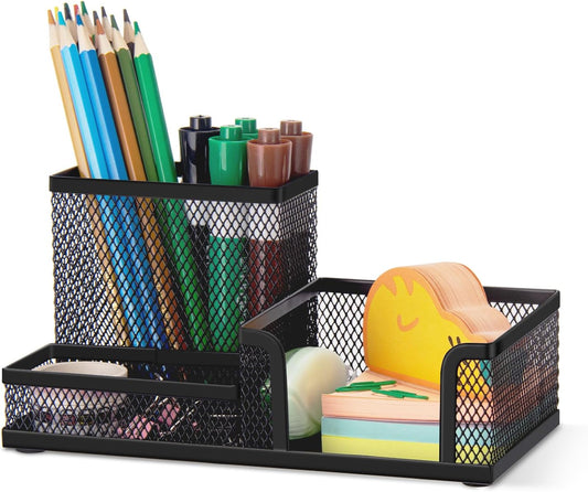 Comix 360° Rotating Pen Holder for Desk, 5 Compartments Office Desk Organizer, Black Mesh Metal Pencil Holder Cup for Office Home School