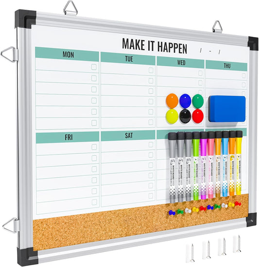 Marsrock Weekly Dry Erase Board and Cork Board Combo for Wall, 17"x13" Reversible Hanging Dry Erase Board, Double Sided White Board with Aluminum Frame for Planning, Office, Kitchen, School, Home
