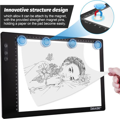 Rechargeable Magnetic A4 LED Light pad, IMAGE Tracing Pad, Ultra-Thin USB Powered with Memory Function Light Box, Great for Diamond Painting, Animation, Tattoo, Sketching and Design (6000K Black)