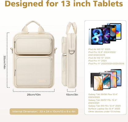 MoKo 10-13 inch Tablet Sleeve Bag for iPad Pro/Air M4 13inch, Pro 12.9/11", 10.9" iPad 10th/Air 5/4th, Galaxy Tab S8+/S9+ 12.4, Carrying Case with Multi-Pockets & Removable Shoulder Strap, Light khaki