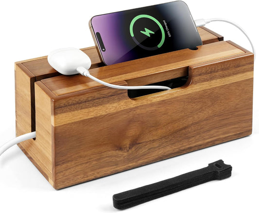 Acacia Cable Management Box, Cord Hider Organizer with Phone Stand, 12" L Cord Box for Power Strip, TV Wires & Desk Cable Storage, Office Under Desk Cable Storage Box for Wire