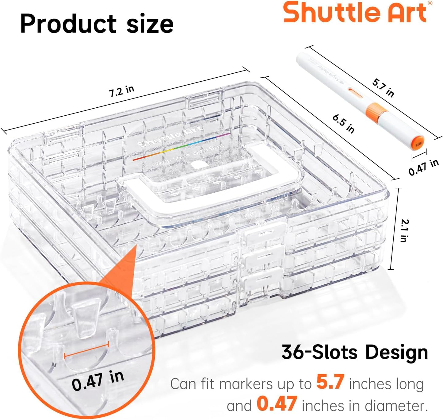 Shuttle Art 36 Automatic Ink Control Acrylic Paint Markers Organizer, Portable 3-Layer Transparent Storage Box, Stackable Pen Holder for Art Supplies,Ideal for Home, Office & School Desk Organization