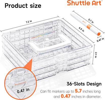 Shuttle Art 36 Automatic Ink Control Acrylic Paint Markers Organizer, Portable 3-Layer Transparent Storage Box, Stackable Pen Holder for Art Supplies,Ideal for Home, Office & School Desk Organization
