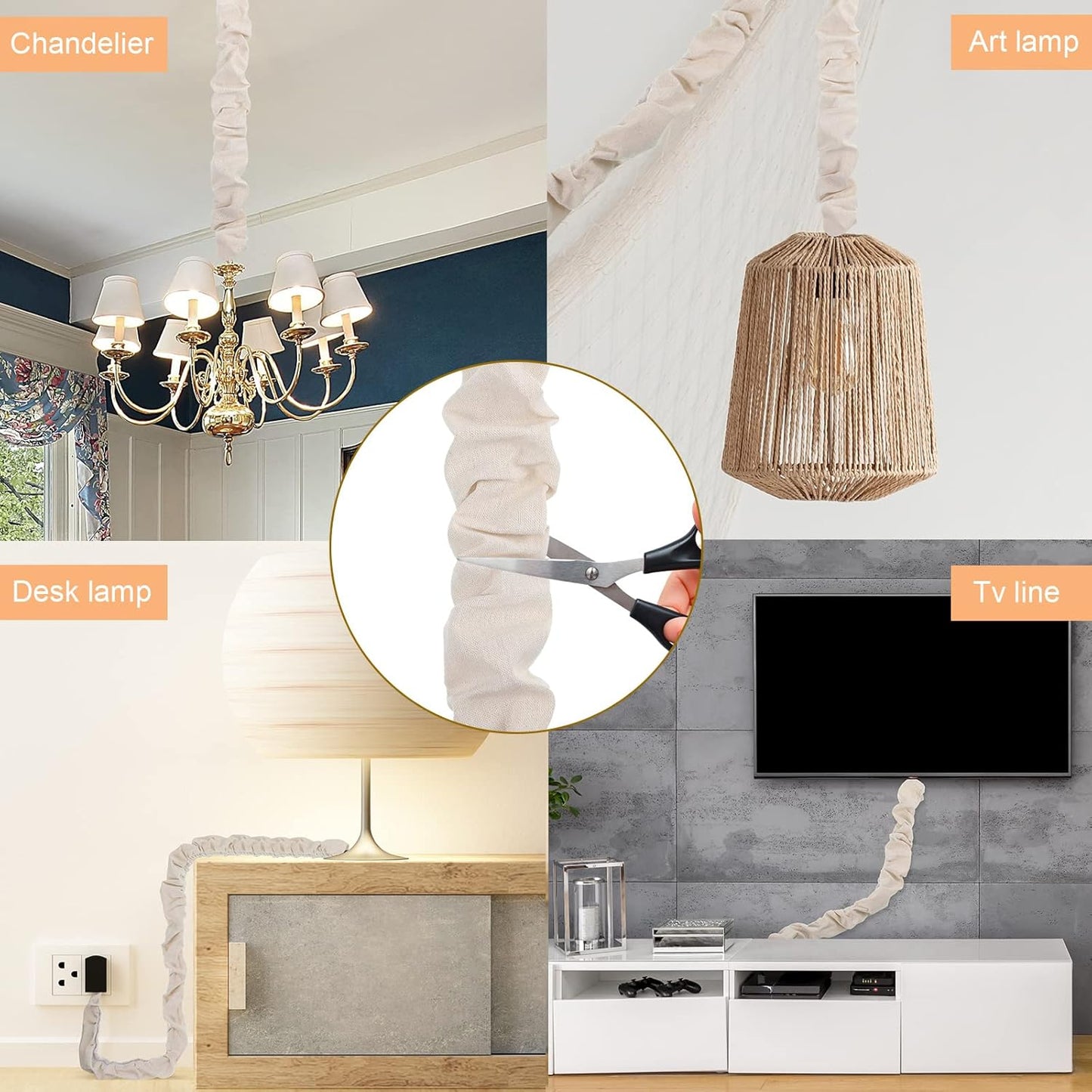 4 Pcs Fabric Cord Cover 6 Feet and 4 Feet Chain Cable Sleeve Chandelier Lighting Wire Cord Cover for Lamps Light Fixtures Lighting Wires Cable Management