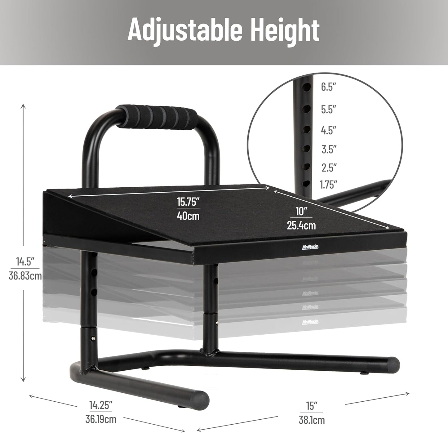 Mind Reader Foot Rest, Under Desk at Work, Ergonomic, Height Adjustable, Office, Plastic, Black