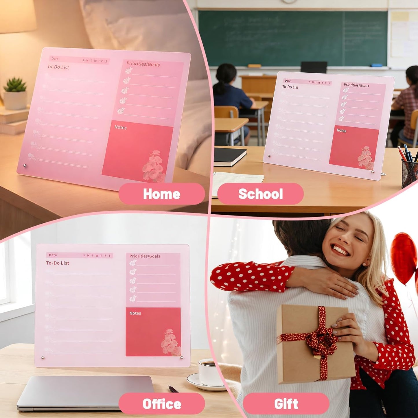LeMotech Desktop Acrylic Dry Erase Board, 12x10 inches to-Do List Planner, Tabletop Whiteboard with Stand Office Supplies Includes 2 Markers & 1 Eraser, Pink Rose Pattern, 1 Pack