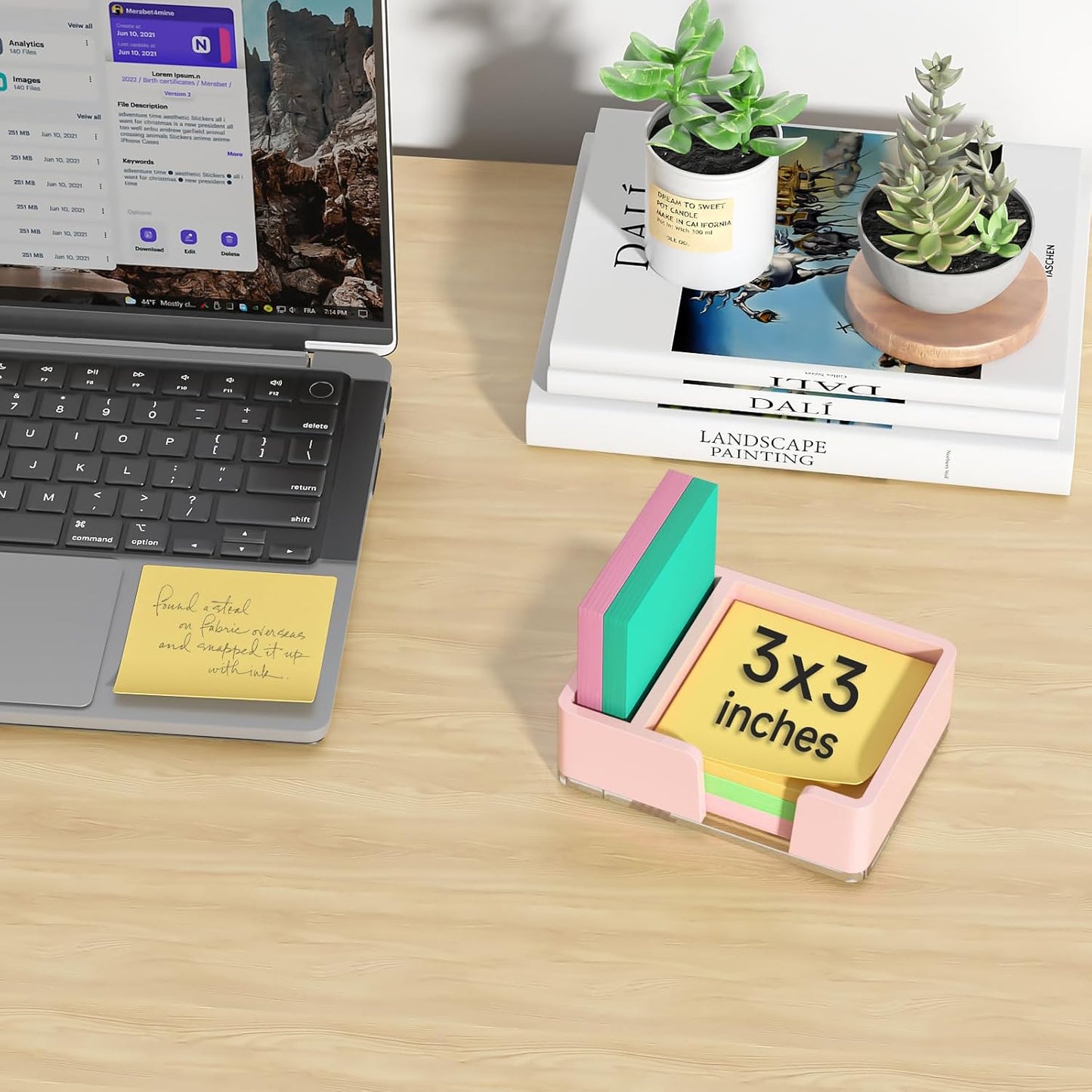 Sticky Note Holder, Glitter Pink Acrylic Notepad Holder 3x3 in Self-Stick Note Dispenser Office Desk Accessories, Memo Pad Holder Organizer for Classroom School Supplies