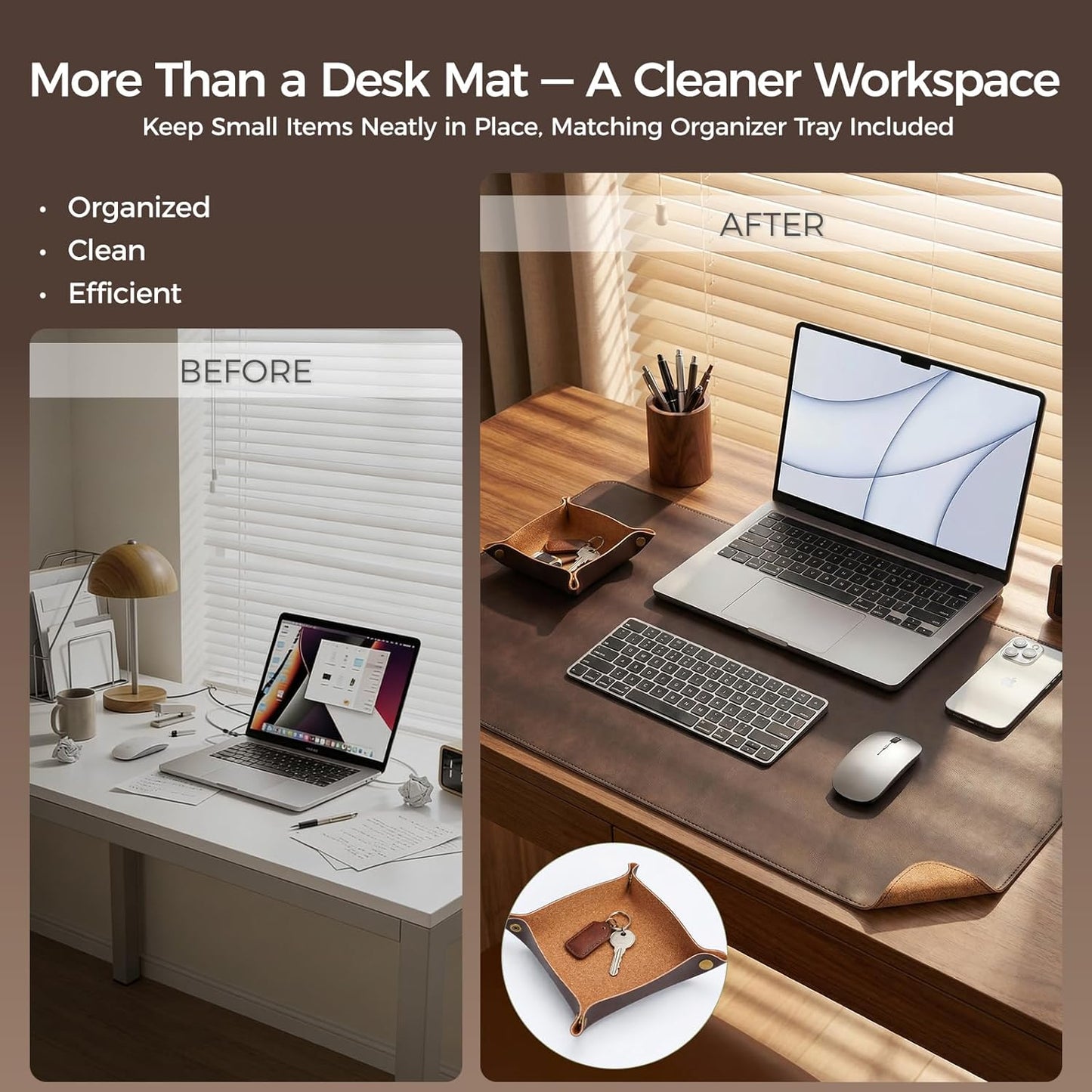 Premium Faux Leather Desk Mat & Tray Set，Innovative Cork-Look Printed Base，Gift Tube Packaging，Full-Desk Coverage，Non-Slip Desk Pad for Office Home（Olive Green）