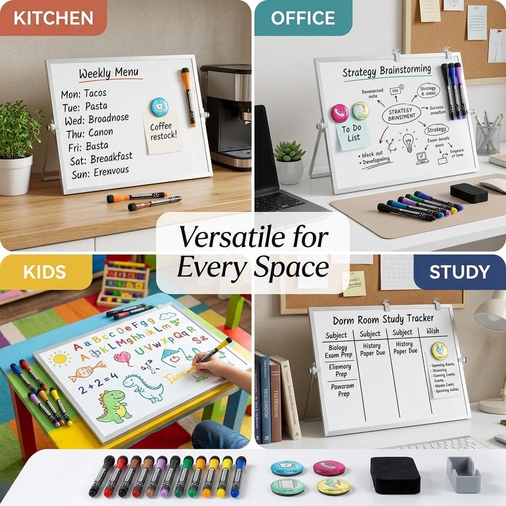 Dry Erase White Board for Desktop & Wall 12"x16" with 2 Magnetic Removable Planners - Weekly & Monthly to Do List Board with Stand, 6 Markers Eraser & Wall Hangers - Portable Double Sided Magnetic