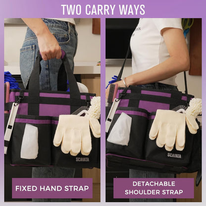 SCAVATA Compact Wearable Cleaning Caddy, Small Supplies Organizer with Handle & Shoulder Straps for Housekeepers, Under Sink & Car Cleaning Tool Organizer Bag (Black)