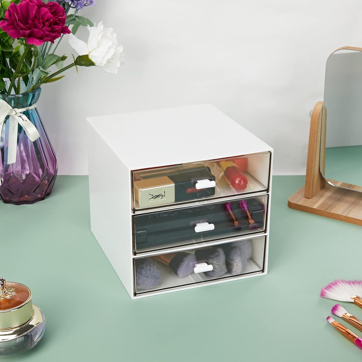 Desk Organizer with 4 Drawers, Clear Plastic Desk Storage Box, Desktop Organization for Office Supplies, Gel Pens, Pencils, Markers, Tape, Erasers, Paperclips, Chargers (White-4 Draws)