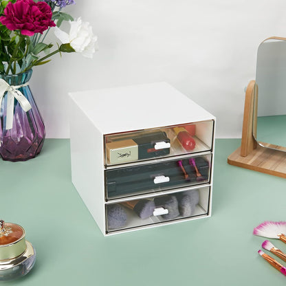 Desk Organizer with 4 Drawers, Clear Plastic Desk Storage Box, Desktop Organization for Office Supplies, Gel Pens, Pencils, Markers, Tape, Erasers, Paperclips, Chargers (White-4 Draws)