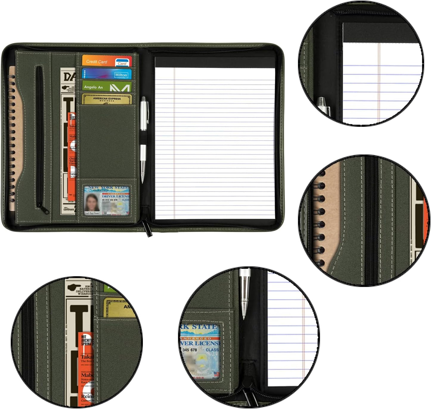 Zippered Portfolio Organizer/ A4 Refillable Lined Writing Notepad Folder Case/Fabric-Covered Padfolio Binder with Interior Storage Pocket for Men Women.Classic Black