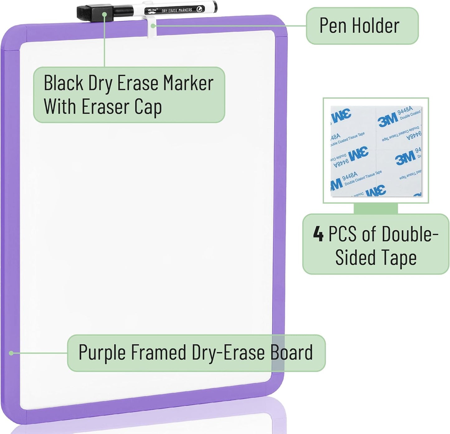 Mr. Pen- Dry Erase Board, 14” x 11” with a Black Dry Erase Marker, White Frame, Small Mini White Board for Students, Fridge, Wall, Locker, Includes Double Sided Tapes