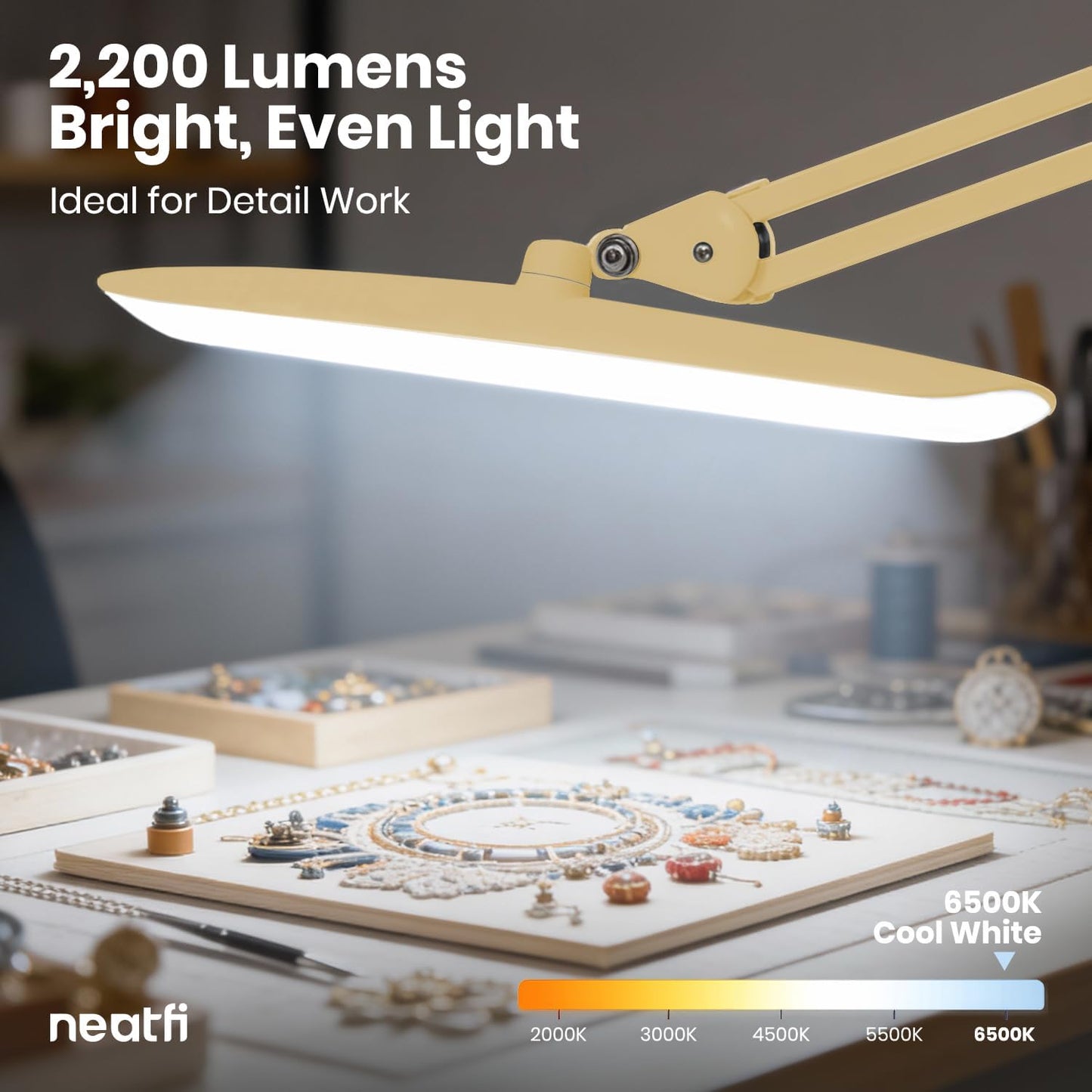 Neatfi XL 2200 Lumens 24W LED Desk Lamp – Shadow-Free Task Lighting | 4-Level Dimming | Home Office & Crafts Use | 20-Inch Wide Head (White, Non-CCT with Clamp)