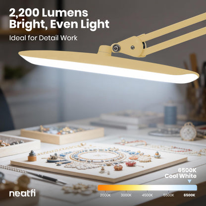 Neatfi XL 2200 Lumens 24W LED Desk Lamp – Shadow-Free Task Lighting | 4-Level Dimming | Home Office & Crafts Use | 20-Inch Wide Head (White, Non-CCT with Clamp)