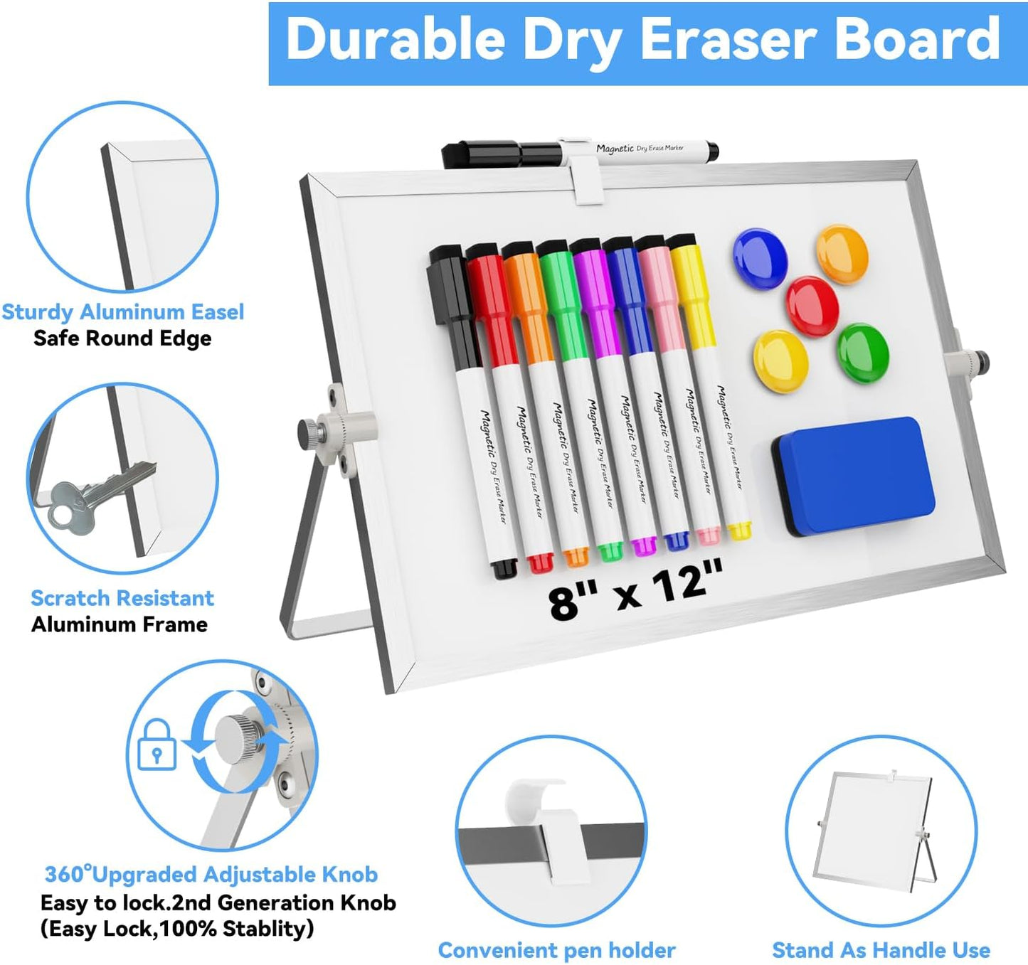 Dry Erase White Board, Cazeyoo Magnetic Desktop Whiteboard 16 x 12inch with Stand, 10 Markers, 4 Magnets and 1 Eraser, Portable Double-Sided White Board for Kids Drawing, Office, Home, School