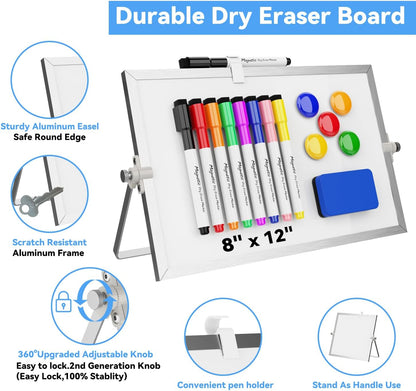 Dry Erase White Board, Cazeyoo Magnetic Desktop Whiteboard 16 x 12inch with Stand, 10 Markers, 4 Magnets and 1 Eraser, Portable Double-Sided White Board for Kids Drawing, Office, Home, School
