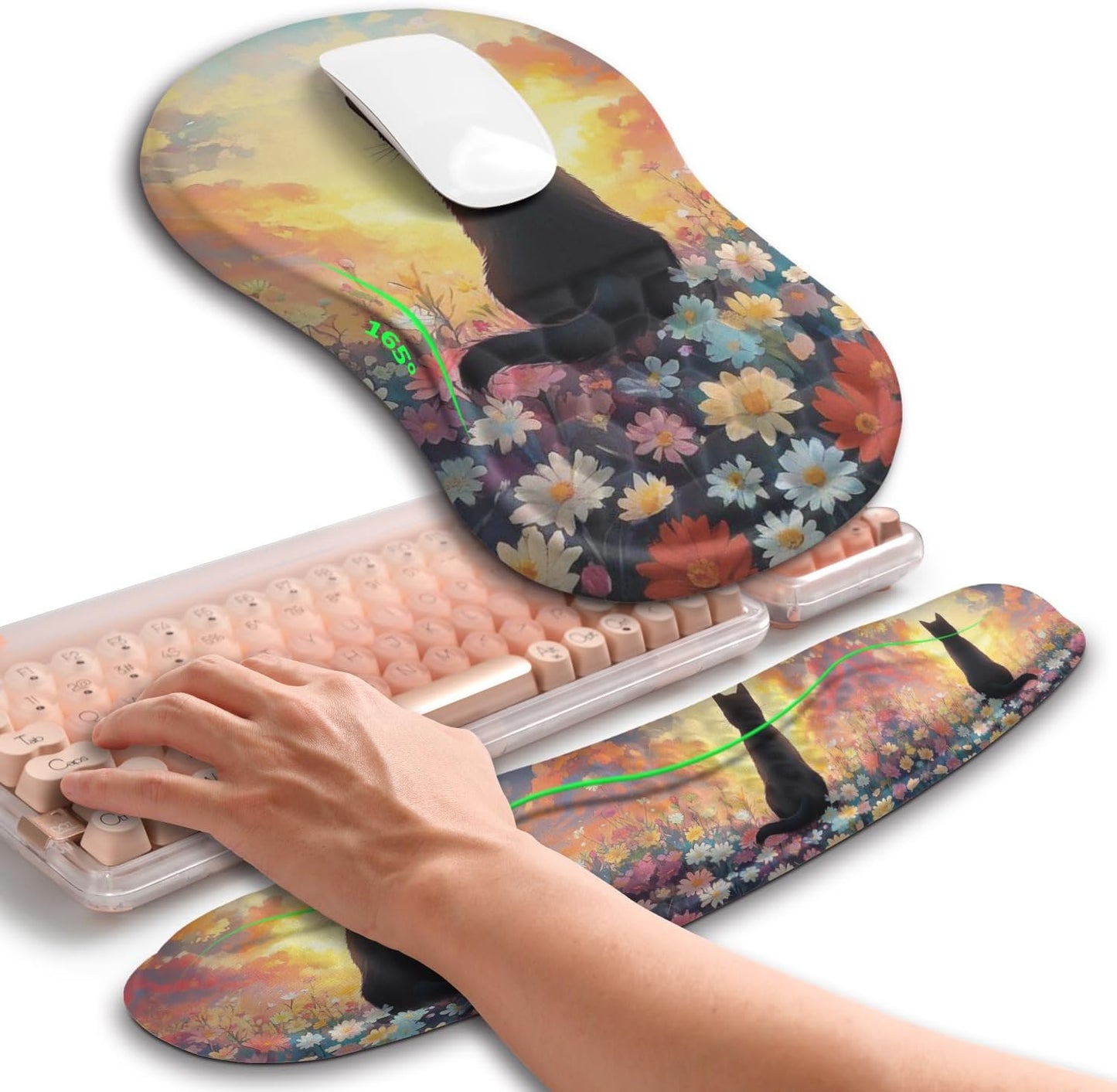 Hokafenle 2in1 Combination, Wave Keyboard Wrist Rest and Ergonomic Curvature Mouse Pad Wrist Support for Relieve Wrist Pain, Filled with Soft Cushion Memory Foam, Black