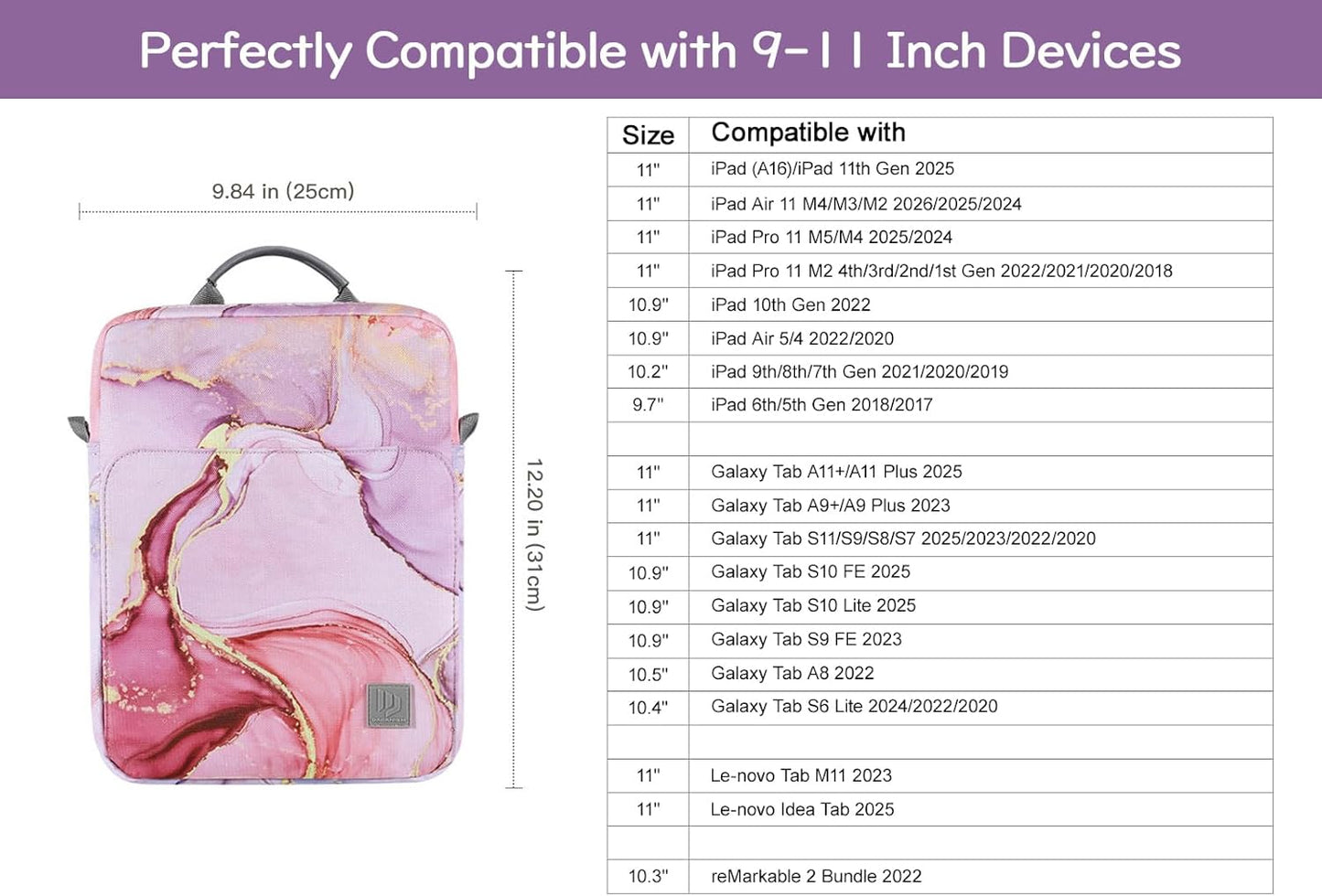 Dadanism 9-11 Inch Tablet Sleeve Bag Carrying Case with Shoulder Strap for iPad (A16) 11", iPad 10th Gen 10.9", iPad Air M4/Pro M5 11", iPad 9/8/7th 10.2", Galaxy Tab A11+ Plus 11", Cloudy Pink