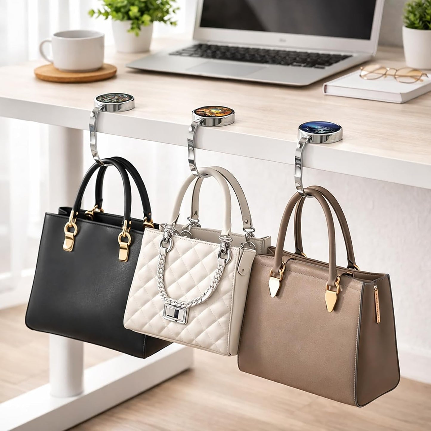 Portable Purse Hook for Table, Foldable Purse Hanger for Table Edge with Non-Slip Rubber Base, Magnetic Closure, 3-Pack Handbag Hook Set, Family Tree Designs for Restaurant Office Travel