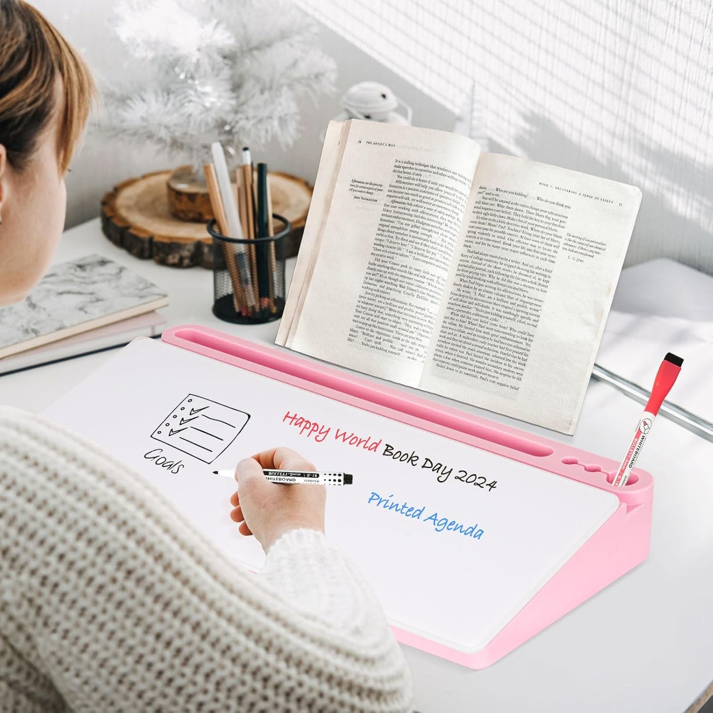 DOLLAR BOSS Glass Desk Whiteboard Calendar Small Dry Erase Board Desktop White Board with Storage Drawer Computer Keyboard Stand Desk Organizer, Colorful Weekly Calendar, Black