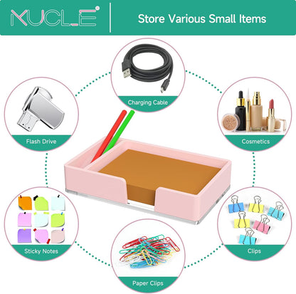 Sticky Note Holder, Glitter Pink Acrylic Notepad Holder 3x3 in Self-Stick Note Dispenser Office Desk Accessories, Memo Pad Holder Organizer for Classroom School Supplies