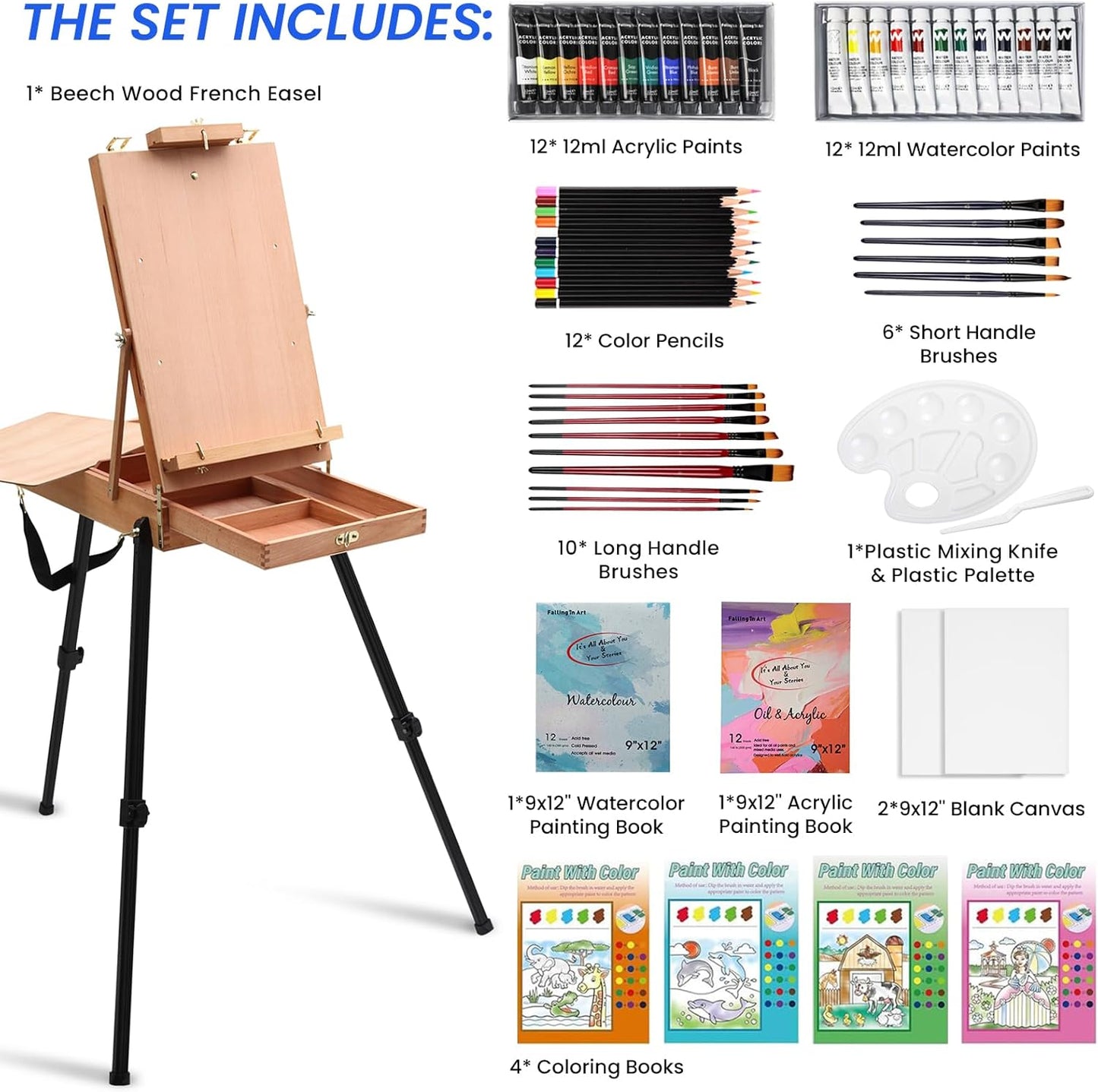 Falling in Art Light Weight French Style Field and Sketchebox Easel with Aluminum Tripod, Adjustable Beechwood Tripod Standing Easel with Drawer, Palette
