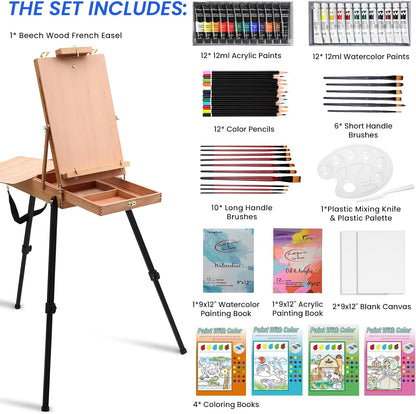 Falling in Art Light Weight French Style Field and Sketchebox Easel with Aluminum Tripod, Adjustable Beechwood Tripod Standing Easel with Drawer, Palette