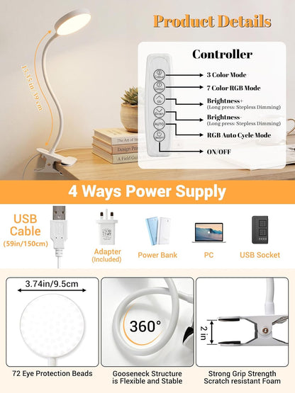 Clip on Light,10 RGB Colors+10 Brightness Clip on Desk Lamp with Clamp, 500 Lumen Bright 72 LED Desk Light, USB Adapter Reading Lights for Books in Bed/Headboard/Bedside Table/Bedroom/Dorm/Home Office