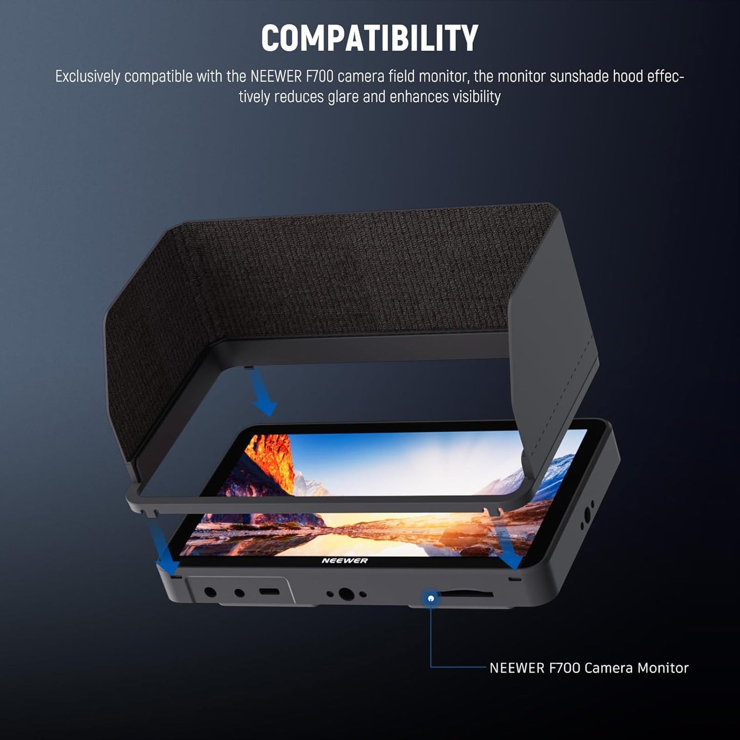 NEEWER Monitor Sunshade Hood for NEEWER F700 Camera Field Monitor, Three Side Sun Hood & Formfitting Frame, Easy Button Access, Hook & Loop Attached, MA007