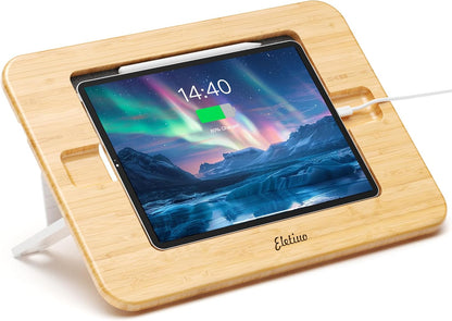 ELETIUO Bamboo Tablet Drawing Stand Holder-Portable&Multi-Angle Adjustable,Tablet Stands Riser with Pencil Wireless Charging,Compatible with 12.9/13 inch iPad Pro,iPad Air/Mini(9.7"-13"),Black