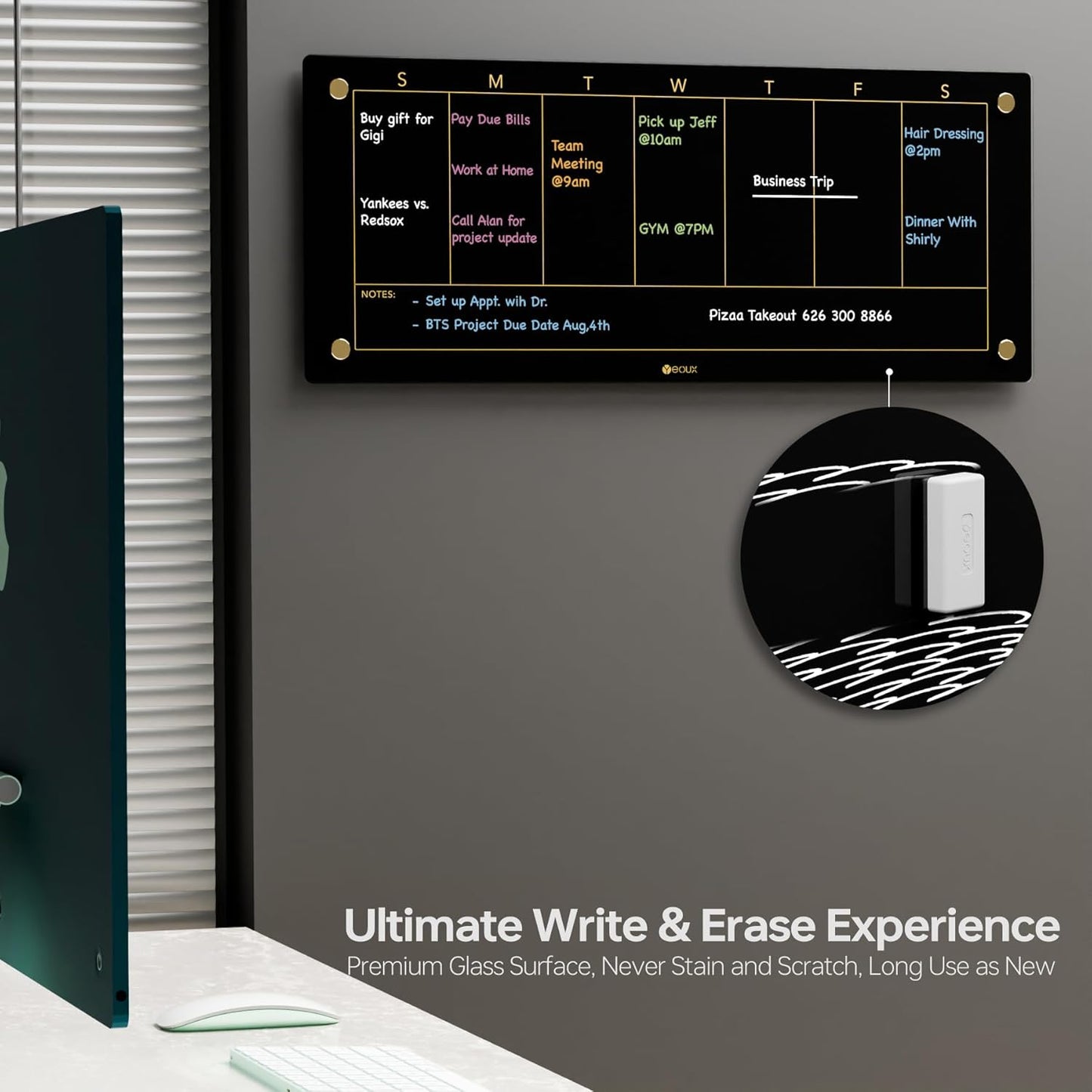 Glass Golden Weekly Dry Erase Calendar & Menu Whiteboard for Wall, Meal Planning & Grocery Shopping List White Board for Kitchen, 15x11, 7 Days Planner for Home, 4 Wet Erase Markers Included, Yeoux*