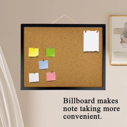 GDMINLO Black Cork Bulletin Board, 17.7 X 13.3 inches with Oak Wood Finish Frame, for Wall Office Home and School (Pins, Eye Bolts, gaskets, Screws)