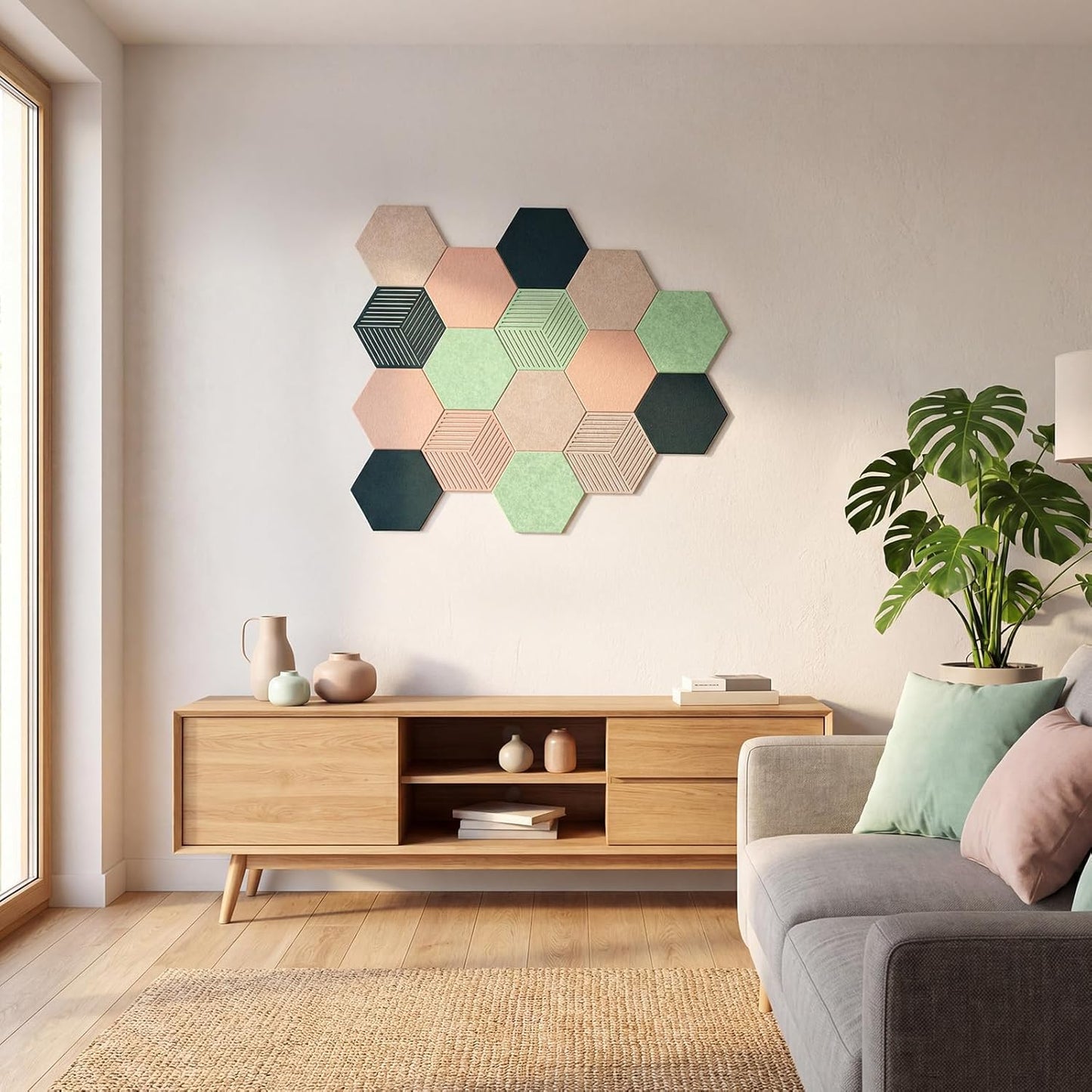 FOCHIER F 10PCS Hexagon Cork Boards for Walls Decor,12"*10.2" Felt Bulletin Board Tiles Sets for Home Office Class Kitchen with 50 Push Pins,Self Adhesive DIY Pin Board for Photos Memos