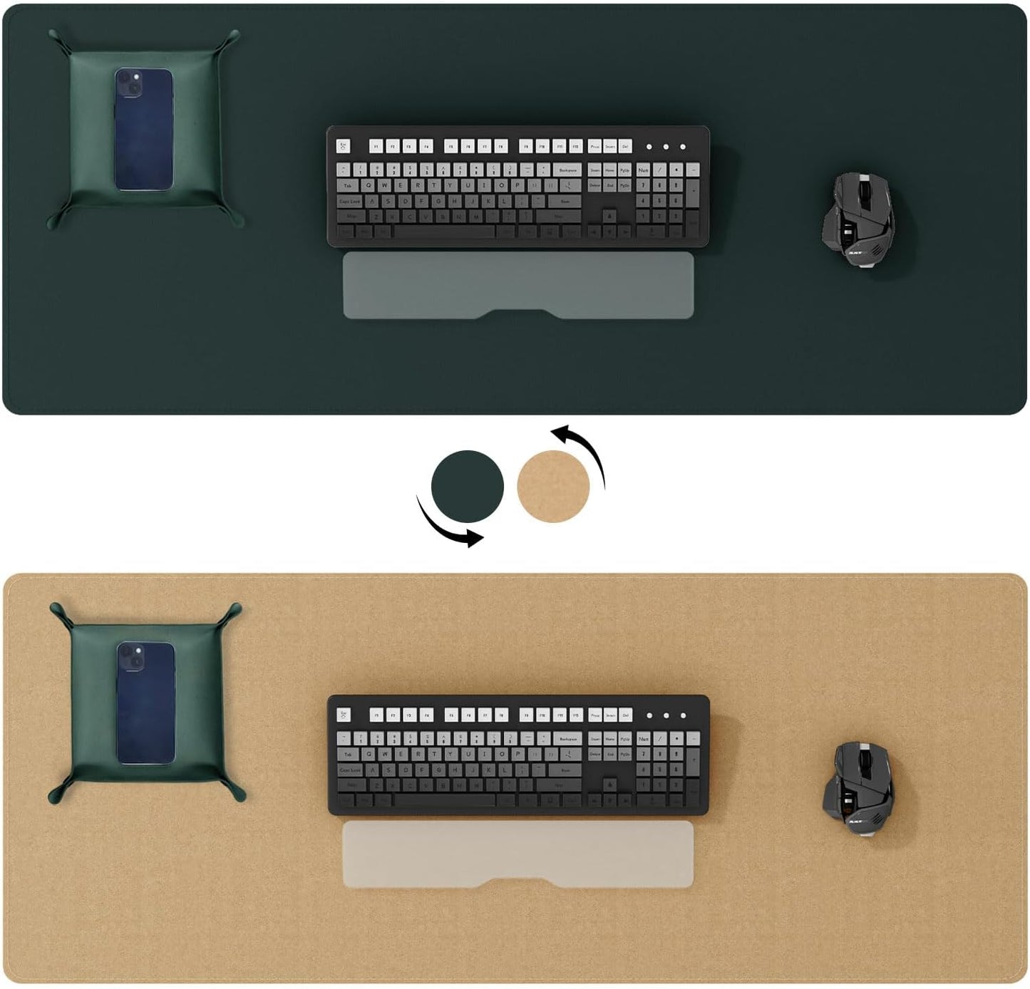 DAWNTREES Dual Sided Desk Mat,Leather Desk Pad,Brown 40"x16",Cork Desk Mat Protector,with PU Leather Valet Tray Organizer,Large Mouse Pad,Desk Writing Pad for Office and Home
