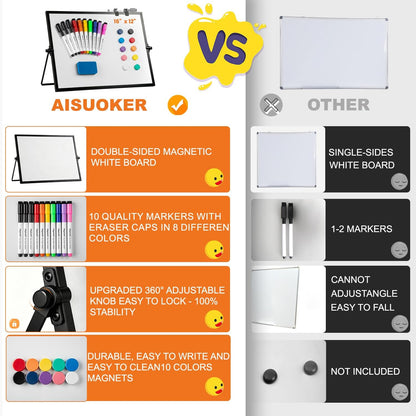 Dry Erase White Board, Aisuoker 16 x 12inch Magnetic Desktop Whiteboard with Stand,10 Markers, 10 Magnets and 1 Eraser, Portable Double-Sided White Board for Kid Drawing Memo to Do and List Wall-White