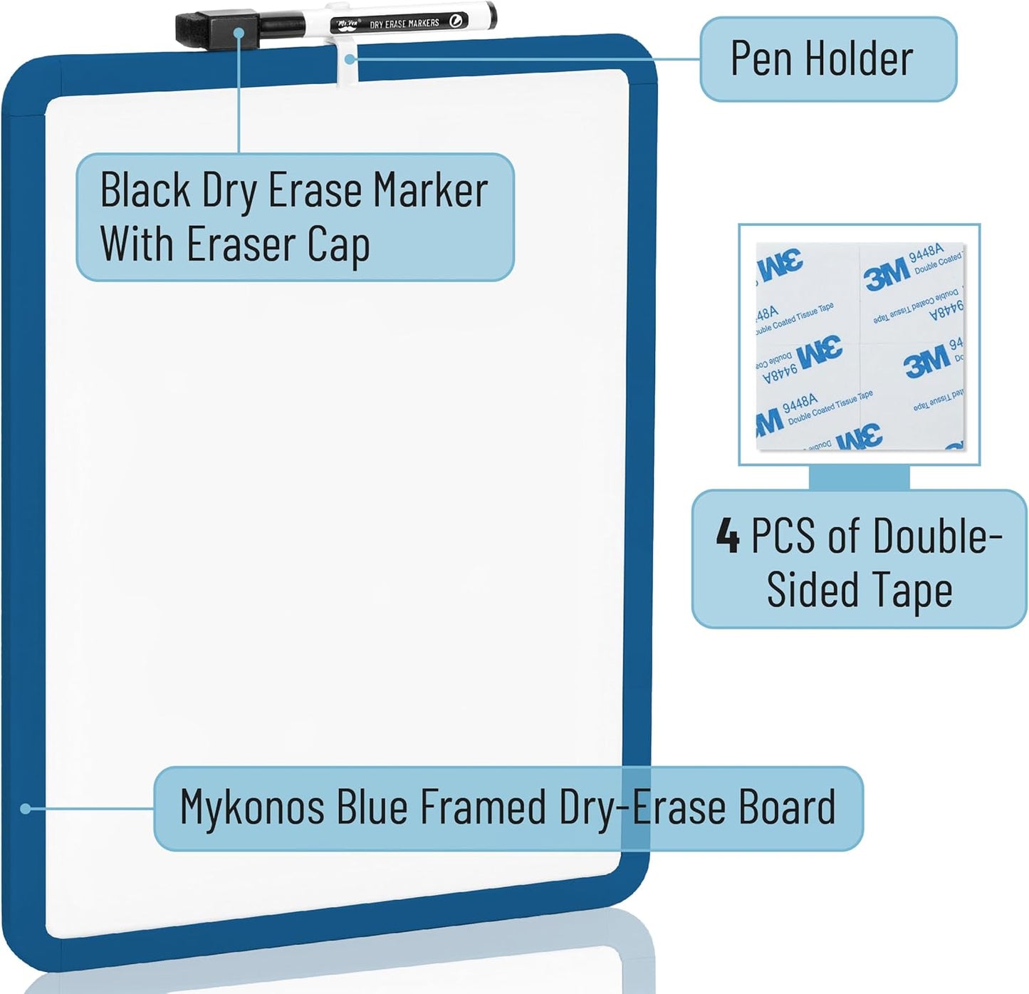 Mr. Pen- Dry Erase Board, 14” x 11” with a Black Dry Erase Marker, White Frame, Small Mini White Board for Students, Fridge, Wall, Locker, Includes Double Sided Tapes
