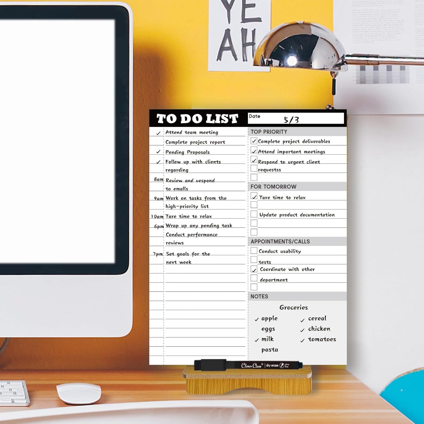 Dry Erase Desk Planning Board - Reusable Desktop Daily Planning Board, Work to-do List - 11"x8.5" Tabletop Dry Erase Board with Stand - Marker Included
