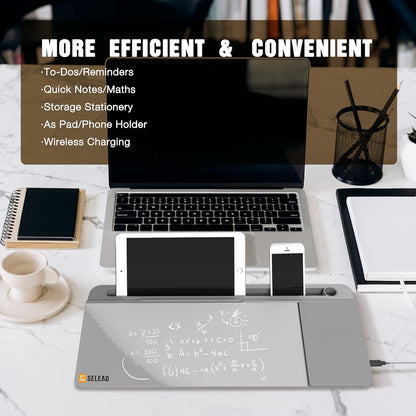 SELEAD Desktop Glass Whiteboard with Wireless Charger Station, Dry Erase Board Computer Pad Keyboard Stand with Organizer for Home, School, Office Desk Accessories, Black