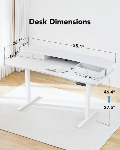HUANUO 48″ x 24″ Electric Standing Desk with 2 Drawers, C-Clamp Mount Compatible, Height Adjustable Computer Desk, Home Office Stand Up Desk with 4 Preset Heights & 2 Hooks, Black