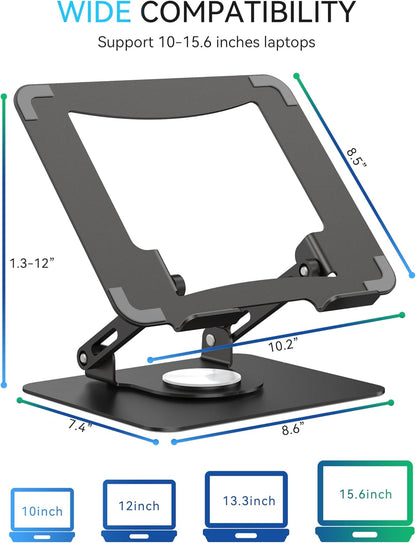 SOUNDANCE 360 Rotating Laptop Stand, Ergonomic Computer Riser for Desk, Adjustable Height Multi-Angle Metal Holder, Foldable Portable Notebook Elevating Base for Office & Home, White