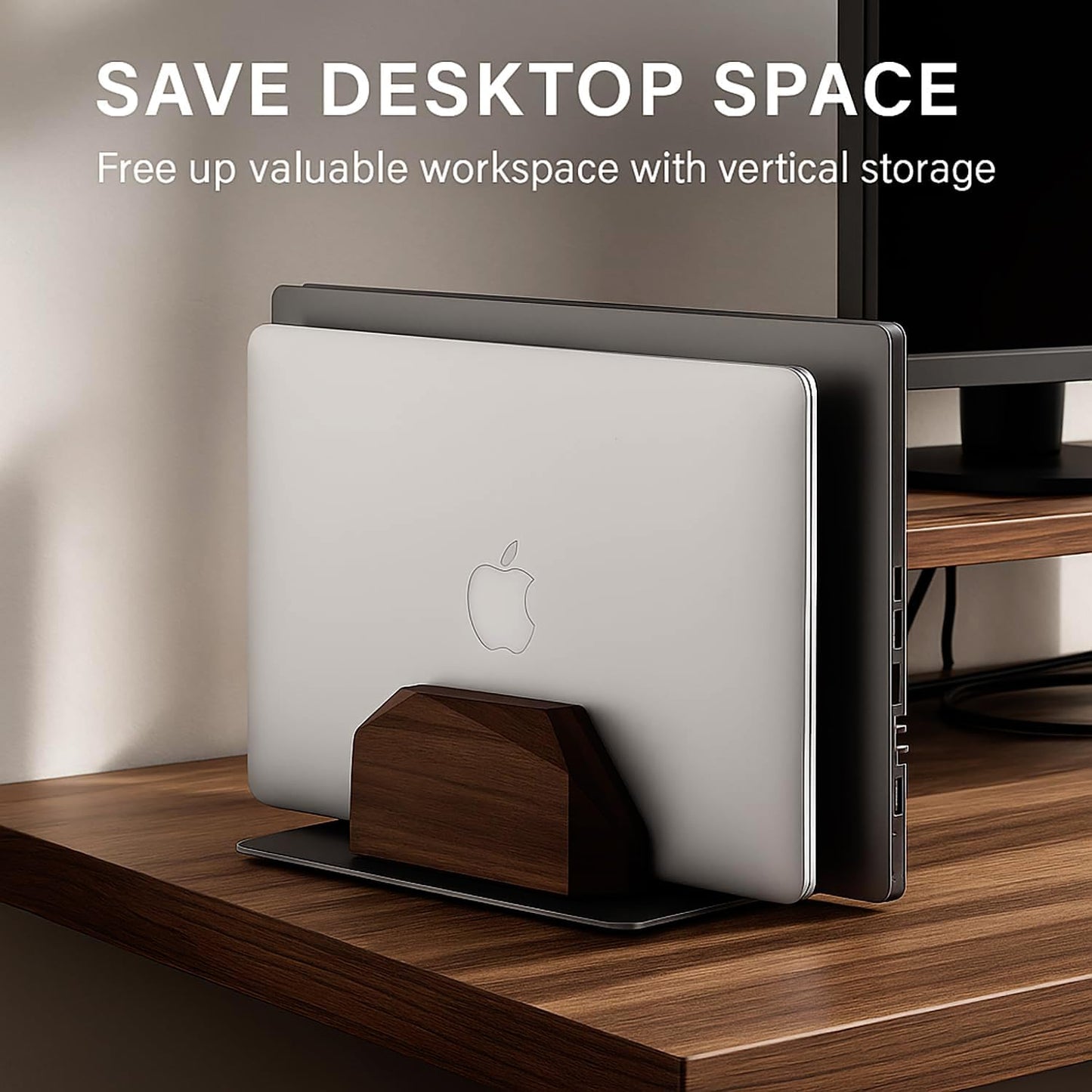 Vertical Laptop Stand for Desk, Dual Slot Wood Laptop Holder to Dock MacBook, MacBook Pro and & Gaming Laptops, Solid Black Walnut, Geometric Sculpted Craftsmanship