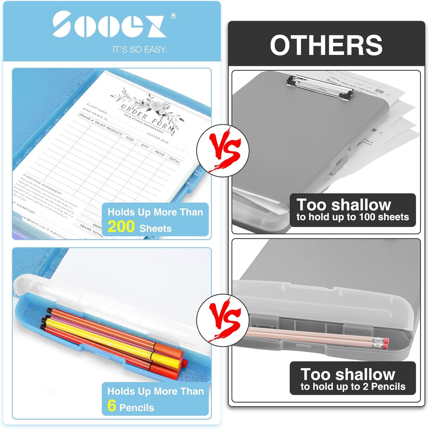 Sooez Clipboard with Storage, Clip Board 8.5 x 11 with Pen Holder, Plastic Organization Case Box for Letter Legal A4 Size Paper, Low Profile Clip, Nurses Teachers Must Haves, School & Office Supplies