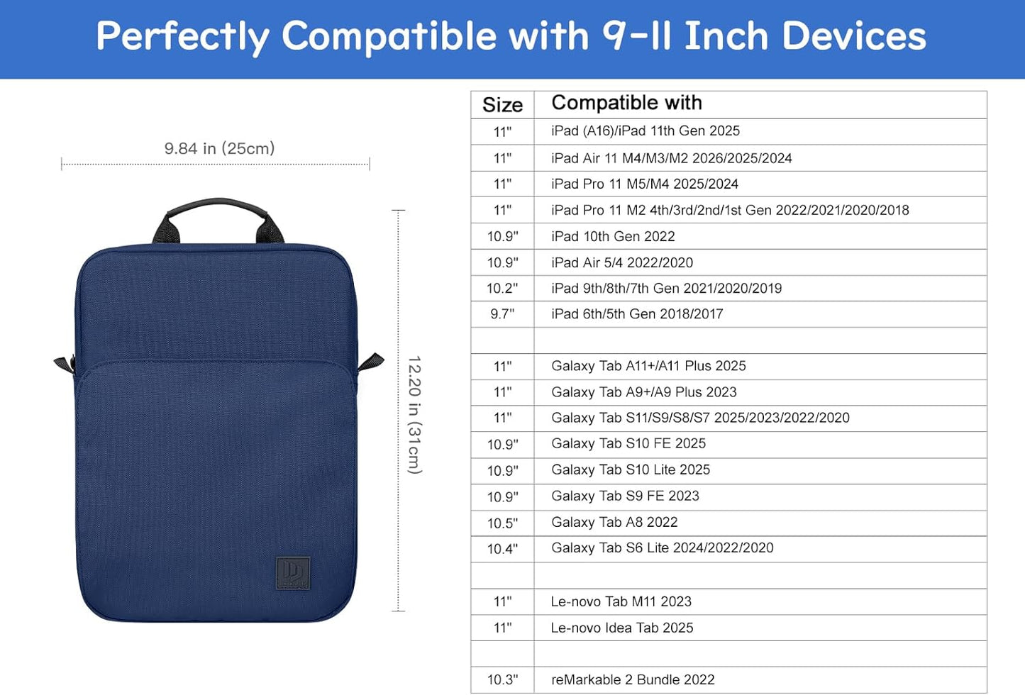Dadanism 9-11 Inch Tablet Sleeve Bag Carrying Case with Shoulder Strap for iPad (A16) 11", iPad 10th Gen 10.9", iPad Air M4/Pro M5 11", iPad 9/8/7th 10.2", Galaxy Tab A11+ Plus 11", Cloudy Pink