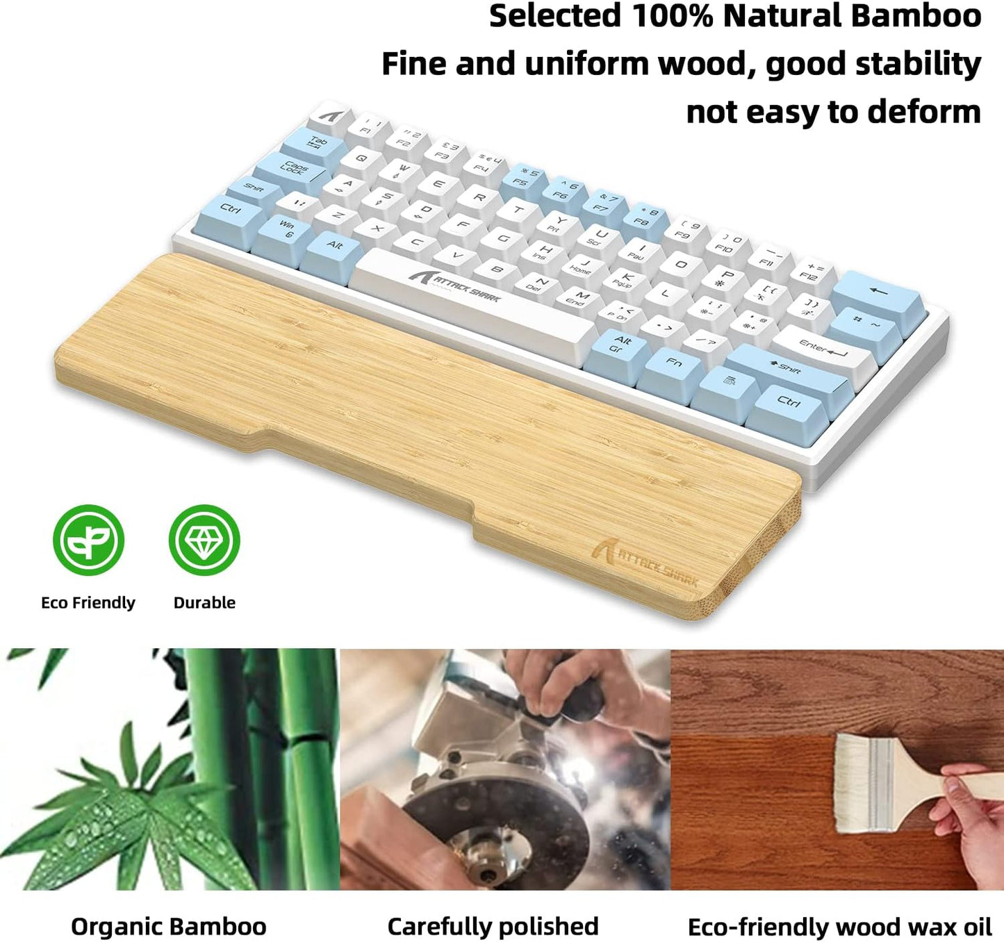 ATTACK SHARK Bamboo Wrist Rest for Computer Keyboard，Ergonomic Hard Palm Rest for Comfortable Typing Pain Relief，Anti-Slip Wrist Support for Office, Gaming, Laptop (98 Key)