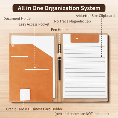 360° Foldable Clipboard Portfolio with Non-Marking Magnetic Clip & Elastic Pen Loop, A4/Letter Document Holder for Business, Office & Interviews